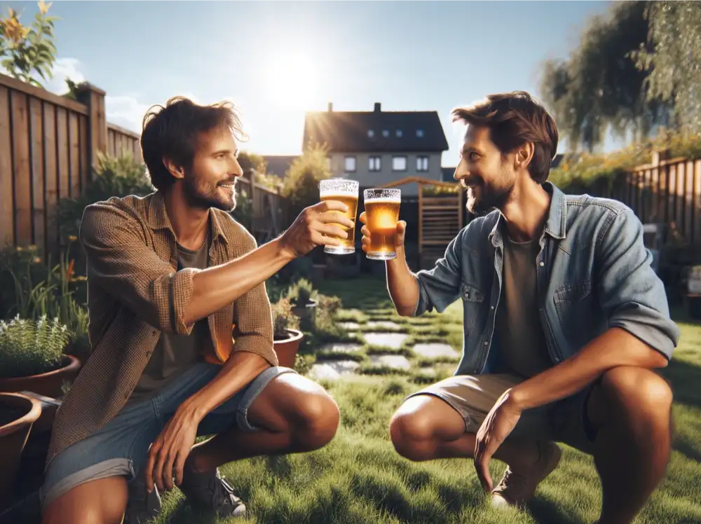 Two friends toast with their own brewed beer from Brew Monkey